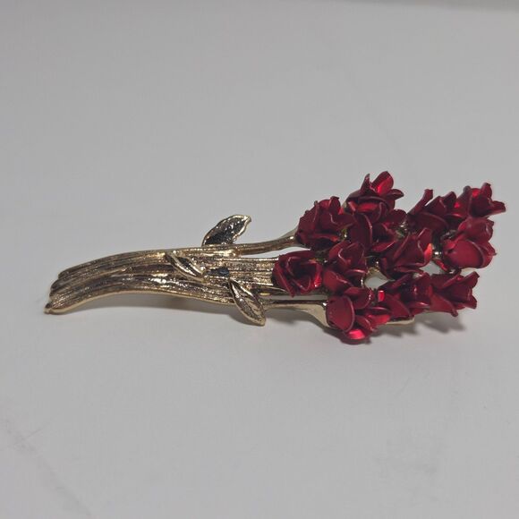 Vintage Avon David Mons (DM 97) Dozen Red Roses Bouquet Brooch Pin Gold Tone - Picture 3 of 6